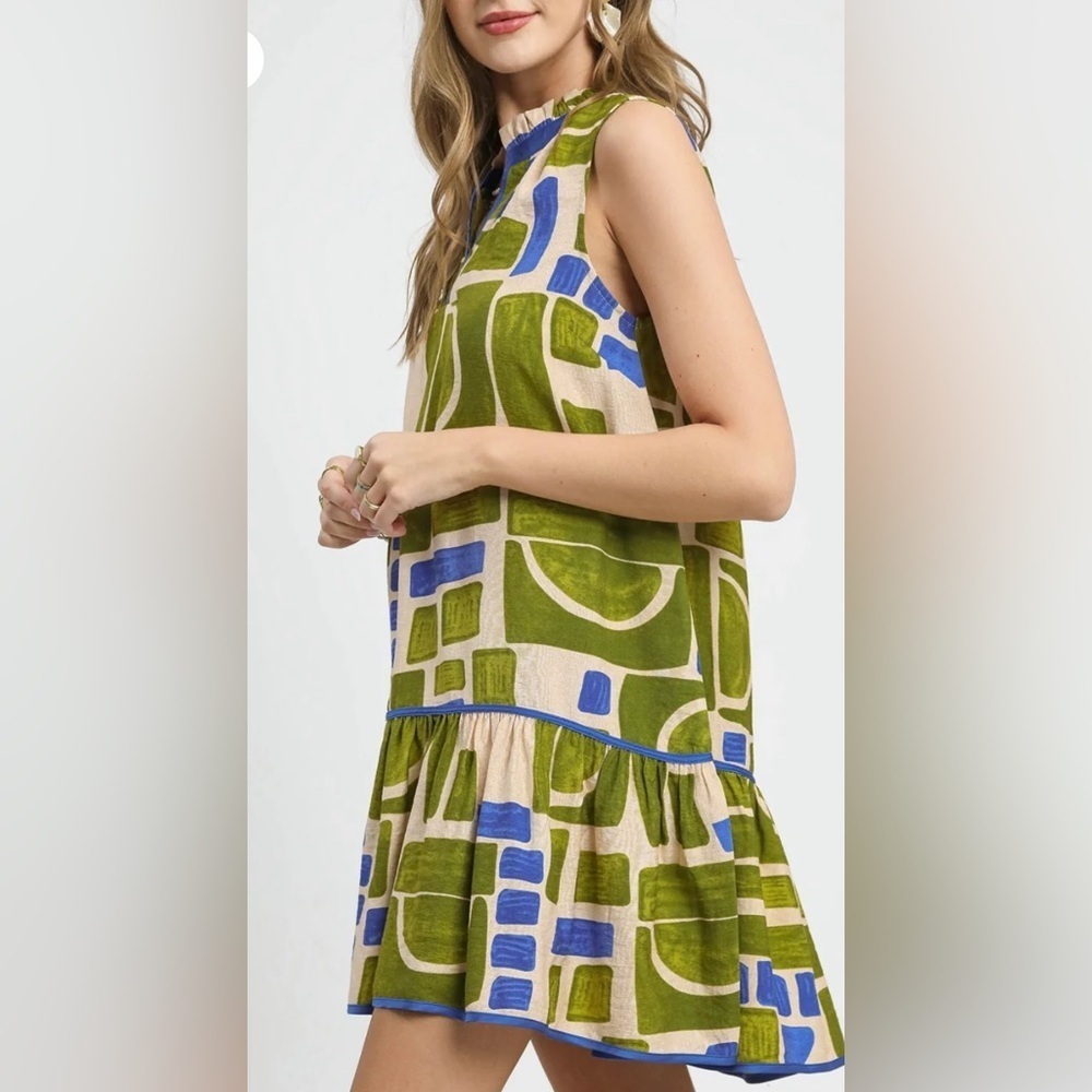 UMGEE BOHO GEOMETRIC PRINT SLEEVELESS
TIERED MINI DRESS GREEN BLUE SIZE M - Picture 2 of 12